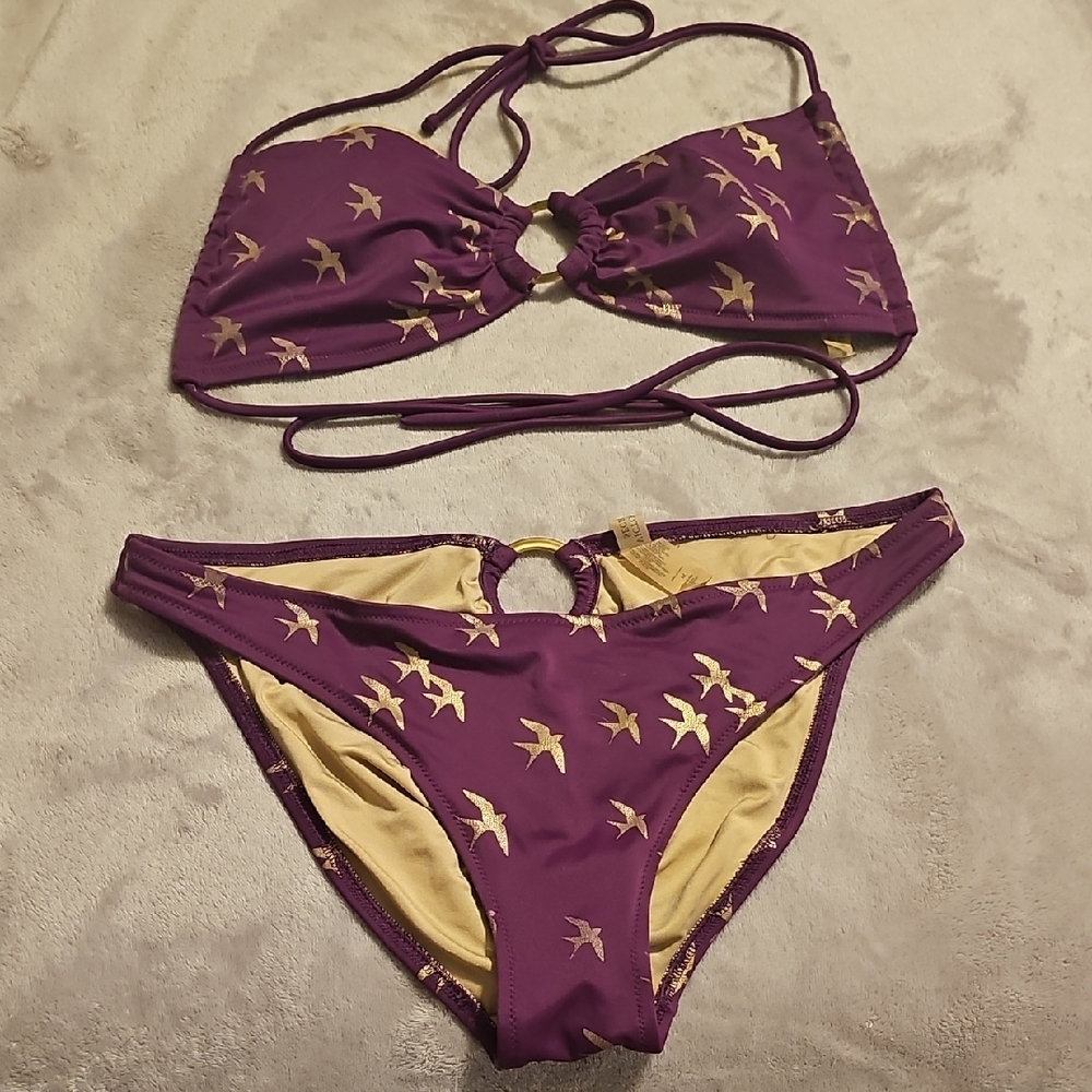 Victoria's Secret Purple Bikini with Gold Bird Print And Metal Rings Sz. M